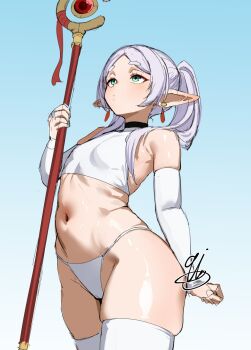 1girl 9is bare_shoulders blue_background breasts cameltoe closed_mouth commentary_request cowboy_shot cropped_shirt detached_sleeves earrings elf frieren gradient_background green_eyes grey_hair hair_over_shoulder hand_up highres holding holding_staff jewelry long_hair looking_up mage_staff meme micro_panties navel panties parted_bangs pointy_ears shirt signature sketch skindentation sleeveless sleeveless_shirt small_breasts solo sousou_no_frieren staff string_panties teardrop_earrings thighhighs twintails underwear upward_angle_frieren_drawing_(meme) white_panties white_shirt white_sleeves white_thighhighs
