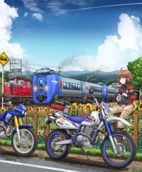 1girl absurdres black_boots blue_eyes blue_shirt blue_sky boots brown_hair brown_pants camera cargo_pants class_dd51 closed_mouth cloud cloudy_sky commentary contrail day flower highres holding holding_camera jacket long_sleeves mikeran_(mikelan) motor_vehicle motorcycle open_clothes open_jacket original outdoors pants red_jacket road_sign shirt short_hair sign sitting sky smile solo sunflower train video_camera