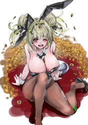 Rule 34 | animal ears, antenna hair, bare shoulders, between breasts, black bow, black bowtie, black leotard, blush, bowtie, breasts, brown pantyhose, coin, collarbone, detached collar, double bun, fake animal ears, goddess of victory: nikke, green hair, hair bun, hair ornament, hair ribbon, hairclip, heart antenna hair, high heels, huge breasts, leotard, long hair, open mouth, pantyhose, pink eyes, playboy bunny, rabbit ears, ribbon, sitting, soda (nikke), strapless, strapless leotard, sweat, tearing up, torn clothes, torn pantyhose, youmou usagi