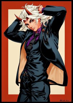 1boy alternate_costume arataki_itto arms_up belt black_belt black_necktie black_pants black_suit bodypaint closed_mouth collared_shirt colored_inner_hair cowboy_shot earrings formal_clothes genshin_impact highres horns jacket jewelry link_rui long_hair male_focus multicolored_hair necktie pants purple_shirt red_eyes red_hair red_horns shirt solo suit suit_jacket twitter_username