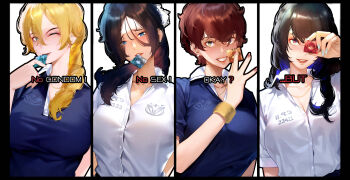 4girls absurdres black_hair blonde_hair blue_eyes blue_shirt braid breasts brown_eyes cleavage condom condom_in_mouth condom_wrapper dyedflowers earrings english_text grin highres jewelry large_breasts long_hair looking_at_viewer mouth_hold multiple_girls necklace one_eye_closed original polo_shirt ponytail red_eyes red_hair sabotaged_condom shirt short_hair smile sweatband white_shirt