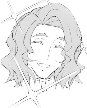 1boy closed_eyes commentary digimon digimon_beatbreak greyscale happy highres kojima_takahiro male_focus monochrome parted_lips sawashiro_kyo short_hair simple_background smile solo sparkle symbol-only_commentary wavy_hair white_background