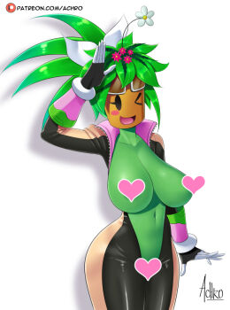 1girl achromaru blaster_master_zero breasts censored cleavage colored_skin green_skin huge_breasts kanna_(blaster_master_zero) plant