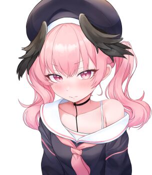 Rule 34 | 1girl, absurdres, armpit crease, beret, black choker, black hat, black shirt, black wings, blue archive, blush, choker, collarbone, commentary request, crossed bangs, eyelashes, frown, hair between eyes, hat, head wings, highres, koharu (blue archive), korean commentary, long hair, long sleeves, looking at viewer, mako draw01, neckerchief, pink eyes, pink hair, pink neckerchief, sailor collar, school uniform, serafuku, shirt, simple background, single bare shoulder, solo, tsurime, twintails, upper body, v-shaped eyebrows, white background, white sailor collar, wings