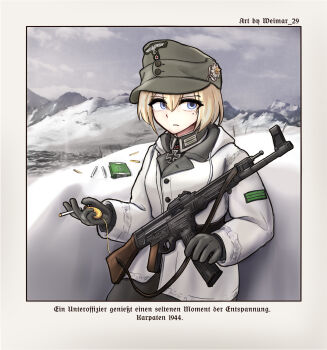 1girl artist_name assault_rifle belt black_belt blackletter blonde_hair blue_eyes border buttons cigarette cigarette_pack cloud collared_jacket commentary commission contrast_lapels cross day edelweiss_(flower) english_commentary flower german_commentary german_text gloves green_hat grey_gloves grey_jacket grey_sky gun gun_sling hair_between_eyes hat highres holding holding_cigarette holding_pocket_watch holding_strap insignia iron_cross jacket lapels layered_clothes long_sleeves looking_to_the_side m43_field_cap military military_hat military_uniform mole mole_under_eye mountain mountainous_horizon notched_lapels original outdoors parted_lips patch photo_background pixiv_commission pocket_watch reichsadler rifle short_hair sky snow soldier solo stg44 translation_request upper_body watch weapon wehrmacht weimar_29 white_border white_flower white_jacket world_war_ii