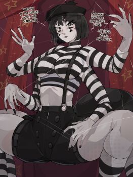 Rule 34 | 1girl, absurdres, arthropod girl, beret, black eyes, black hair, black nails, black suspenders, breasts, circus, colored skin, commentary, curtains, diforland, english commentary, english text, expressionless, extra arms, extra eyes, extra legs, eyelashes, facepaint, hat, highres, insect girl, looking at viewer, medium breasts, midriff, mime, mimoxa (diforland), multiple legs, original, shirt, silk, solo, spider girl, spider web, striped clothes, striped leggings, striped shirt, white skin