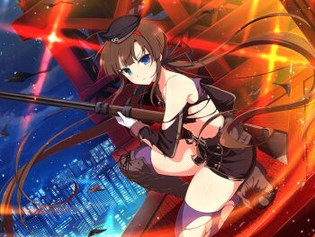 1girl ahoge axe bare_shoulders belt belt_pouch black_headwear black_jacket black_ribbon blue_eyes blunt_bangs blush boots brown_belt brown_boots brown_hair building buttons city city_lights cityscape closed_mouth cloud collarbone dark double-breasted flat_chest floating_hair frown game_cg gloves green_eyes gun hair_ribbon hairband hat hatchet_(axe) hebijo_academy_school_uniform heterochromia holding holding_axe holding_gun holding_weapon jacket kneeling lace-up_boots lens_flare light_particles long_hair long_sleeves looking_at_viewer low_twintails metal military_hat military_uniform mini_hat night official_alternate_costume official_art on_one_knee outdoors pouch purple_thighhighs red_hairband ribbon rifle rooftop ryoubi_(senran_kagura) school_uniform senran_kagura senran_kagura_new_link senran_kagura_shinovi_versus shiny_skin sidelocks skindentation sky skyline skyscraper sniper sniper_rifle solo star_(sky) starry_sky steel_beam thigh_boots thighhighs torn_boots torn_clothes torn_jacket torn_sleeve torn_thighhighs twintails v-shaped_eyebrows very_long_hair weapon white_gloves yaegashi_nan