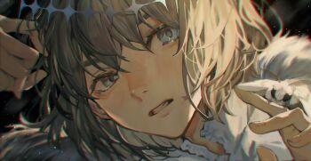 1boy blanca_(fate) blue_eyes bug close-up commentary_request crown diamond_hairband fate/grand_order fate_(series) fur_trim grey_hair highres insect insect_on_finger looking_at_viewer male_focus mebaru medium_hair moth moth_on_hand oberon_(fate) oberon_(third_ascension)_(fate) open_mouth solo