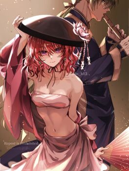 Rule 34 | 1boy, 1girl, akatsuki no yona, akehata hikari, bandeau, breasts, commentary request, earrings, green hair, hat, highres, jae-ha (akatsuki no yona), jewelry, long hair, looking at viewer, low ponytail, medium breasts, medium hair, navel, ponytail, purple eyes, red hair, robe, sideways glance, skirt, stomach, tassel, tassel earrings, twitter username, yona (akatsuki no yona)