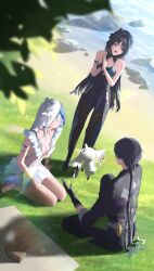 1boy 1other 2girls absurdres bare_legs black_gloves black_hair black_pants blue_hair brown_pantyhose closed_eyes cryne dress gloves grass highres long_hair multiple_girls pants pantyhose ponytail rover_(animal_crossing) rover_(wuthering_waves) shorekeeper_(wuthering_waves) smile stone veil water white_dress wuthering_waves yangyang_(wuthering_waves)