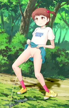 1girl blue_skirt blush brown_eyes brown_hair bush clothes_lift clothes_writing flat_chest floral_print forest fundarikettari grass hair_bobbles hair_ornament lace lace-trimmed_panties lace_trim loli looking_down nature original panties panties_around_one_ankle peeing polka_dot polka_dot_socks print_panties puddle pussy red_socks shirt shoes short_hair short_sleeves skirt skirt_lift socks squatting tree twintails underwear white_shirt yellow_panties yellow_shoes