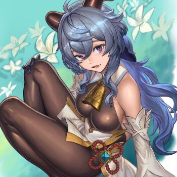 Rule 34 | 1girl, ahoge, bare shoulders, bell, black gloves, blue hair, breasts, commentary request, cowbell, crossed bangs, detached sleeves, feet out of frame, flower, from above, ganyu (genshin impact), genshin impact, gloves, goat horns, hair between eyes, halterneck, horns, konoike (pepe expect), long hair, low ponytail, lower teeth only, medium breasts, open mouth, pelvic curtain, ponytail, purple eyes, sideboob, sidelocks, sitting, smile, solo, tailcoat, teeth, white flower, white sleeves, white tailcoat