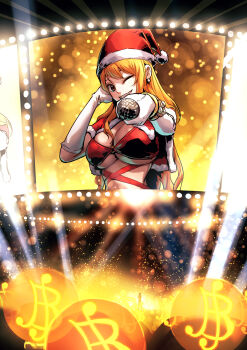 1girl absurdres bangle bikini bracelet breasts brown_eyes capelet christmas cleavage commentary_request concert diagram_(purpleicegram) earrings fur-trimmed_capelet fur-trimmed_headwear fur_trim gloves grin hat highres holding holding_microphone jewelry large_breasts light_particles log_pose long_hair looking_at_viewer microphone nami_(one_piece) o-ring o-ring_bikini one_eye_closed one_piece orange_hair outstretched_arm parted_lips pearl_earrings pom_pom_(clothes) red_bikini red_capelet santa_costume santa_hat smile solo stage stage_lights swimsuit upper_body white_gloves