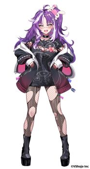 1girl absurdres ahoge akagi_(sk0127aho) black_choker black_footwear black_shirt boots braid breasts choker collarbone copyright_notice earrings eye_print eyelashes fishnet_pantyhose fishnets full_body grey_eyes hair_ornament hands_on_own_hips highres jacket jewelry long_hair michi_mochievee michi_mochievee_(1st_costume) multicolored_hair multicolored_jacket off_shoulder open_clothes open_jacket open_mouth pantyhose price_tag purple_hair shirt stitched_face stitches streaked_hair torn_clothes torn_pantyhose two-tone_hair virtual_youtuber vshojo white_hair zipper zipper_pull_tab