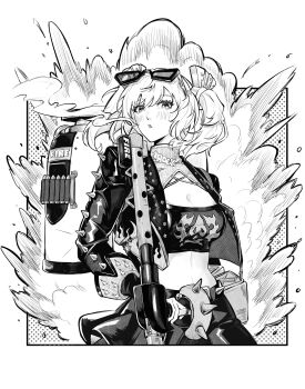 Rule 34 | 1girl, :o, absurdres, breasts, burnice white, cleavage, cleavage cutout, clothing cutout, explosion, eyewear on head, flamethrower, greyscale, highres, holding, holding flamethrower, holding weapon, jacket, leather, leather jacket, long sleeves, looking at viewer, medium hair, midriff, miniskirt, monochrome, nasipattaya, skirt, sleeveless turtleneck shirt, solo, spiked belt, spiked jacket, twintails, upper body, weapon, white background, zenless zone zero