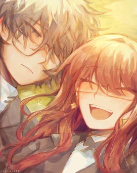 1boy 1girl absurdres amamiya_ren artist_name black_eyes black_hair celexcity closed_eyes closed_mouth commentary english_commentary glasses highres long_hair looking_at_another lying open_mouth persona persona_5 persona_5_the_royal red_hair school_uniform short_hair shuujin_academy_school_uniform smile teeth upper_teeth_only yoshizawa_sumire
