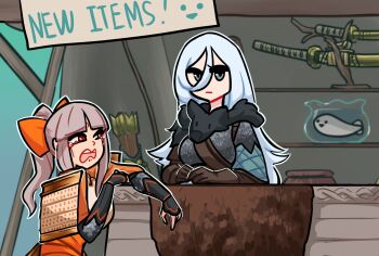 2girls armor bow bow_(weapon) brown_hair centurii-chan chainmail commentary crying crying_with_eyes_open english_commentary english_text expressionless gloves green_eyes hair_between_eyes hair_bow high_ponytail highres japanese_armor katana leather leather_gloves long_hair looking_at_another multiple_girls open_mouth orange_bow original ponytail quiver sacabambaspis samurai_(centurii-chan) shoulder_armor sode sword tears vambraces viking viking_(centurii-chan) wavy_mouth weapon white_hair