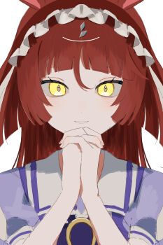 1girl absurdres animal_ears blunt_bangs blunt_ends blush bow bowtie chazuke hair_between_eyes highres horse_ears horse_girl looking_at_viewer own_hands_clasped own_hands_together puffy_short_sleeves puffy_sleeves purple_bow purple_bowtie purple_shirt red_desire_(umamusume) sailor_collar school_uniform shirt short_sleeves simple_background solo tracen_school_uniform umamusume white_background white_sailor_collar yellow_eyes