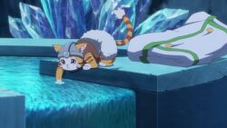 >_< 2girls :3 animal_ears animated anime_screenshot aria_(beheneko) averting_eyes bath bathing blonde_hair blue_eyes breasts cat cat_ears cave elf green_eyes large_breasts multiple_girls nipples nude partially_submerged pointy_ears s-rank_monster_no_"behemoth"_dakedo_neko_to_machigawarete_elf_musume_no_pet_toshite_kurashitemasu shared_bathing sound tagme tama_(beheneko) thong undressing video vulcan_(beheneko) water