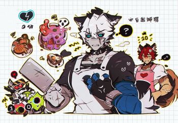 2boys ? animal_ear_fluff animal_ear_piercing animal_ears apron bad_food bandaged_arm bandaged_hand bandages black_collar black_gloves black_hair black_sclera black_shirt blue_eyes bowl broken_heart clenched_teeth closed_eyes collar collarbone colored_sclera crossed_bangs dog_boy dog_ears dog_tail dual_persona ear_piercing ethereal_(zenless_zone_zero) fingerless_gloves fish_(food) food gloves grid_background hair_between_eyes heart heart_print holding holding_knife kitchen_knife knife komano_manato komano_manato_(white_heart_silhouette) male_focus marusan159 multicolored_hair multiple_boys multiple_scars muscular muscular_male piercing pink_apron plate red_hair scar scar_across_eye scar_on_arm scar_on_chest scar_on_face scar_on_nose scorecard shirt short_hair short_sleeves speech_bubble spoken_question_mark sweat t-shirt tail teeth torn_clothes torn_shirt translation_request two-tone_hair v-shaped_eyebrows white_apron white_background white_hair white_shirt zenless_zone_zero