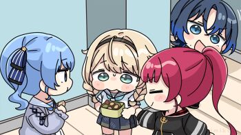 4girls :d black_jacket blue_eyes blue_hair blue_sailor_collar blue_skirt blush_stickers chibi cookie eating food grey_jacket hair_between_eyes hiodoshi_ao hiodoshi_ao_(1st_costume) holding holding_food hololive hololive_dev_is hoshimachi_suisei hoshimachi_suisei_(sailor) houshou_marine houshou_marine_(summer) indoors jacket kazama_iroha kazama_iroha_(school_uniform) mochimiko multiple_girls official_alternate_costume open_clothes open_jacket open_mouth pleated_skirt ponytail red_hair sailor_collar school_uniform serafuku shirt side_ponytail skirt smile virtual_youtuber white_sailor_collar white_serafuku white_shirt white_skirt wooden_floor yurie_mouth