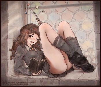 1girl blush book brown_hair exhibitionism feet female_focus harry_potter_(series) hermione_granger loli magical_girl no_panties pose_imitation princessofpower public_indecency pussy school_uniform shoes skirt smile socks upskirt wand wizarding_world