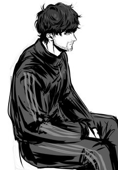 1boy bags_under_eyes beard_stubble commentary_request facial_hair from_side greyscale grntr_260106 highres hyakuemu komiya_(hyakuemu) looking_ahead male_focus monochrome nose short_hair simple_background sitting solo stubble track_suit white_background