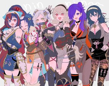 6+girls :d alternate_costume alternate_hairstyle black_gloves black_hairband blue_eyes blue_hair breasts cleavage closed_mouth crossed_bangs female_alear_(fire_emblem) female_byleth_(fire_emblem) female_corrin_(fire_emblem) female_corrin_(ninja)_(fire_emblem) female_kris_(fire_emblem) female_robin_(fire_emblem) female_shez_(covert_mercenary)_(fire_emblem) female_shez_(fire_emblem) fingerless_gloves fire_emblem fire_emblem:_new_mystery_of_the_emblem fire_emblem:_three_houses fire_emblem_awakening fire_emblem_engage fire_emblem_fates fire_emblem_heroes fire_emblem_warriors:_three_hopes gloves grey_hair hair_between_eyes hair_bun hairband heterochromia highres kunai large_breasts long_hair medium_breasts multicolored_hair multiple_girls nintendo official_alternate_costume open_mouth pantyhose ponytail purple_hair red_eyes red_hair sasaki_(dkenpisss) simple_background single_side_bun smile sommie_(fire_emblem) split-color_hair tongue twintails two-tone_hair very_long_hair waving weapon white_background white_hairband