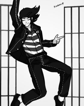 1boy black_hair black_jacket closed_eyes collared_shirt dancing earrings elvis_presley greyscale jacket jewelry kodoku light_smile long_hair monochrome original pointing prison prison_cell sangius sangius_petrified shirt simple_background striped_clothes striped_shirt vincent_silverman