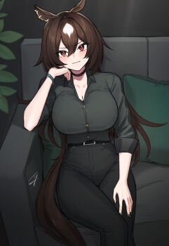 1girl animal_ears black_choker black_nails black_pants black_shirt breasts brown_hair choker cleavage closed_mouth commentary_request couch fingernails hair_between_eyes hayabusa_(vert_320) high-waist_pants highres horse_ears horse_girl horse_tail large_breasts long_hair looking_at_viewer nail_polish on_couch pants red_eyes shirt sirius_symboli_(umamusume) sitting sleeves_rolled_up smile solo tail three-quarter_sleeves umamusume