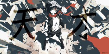 1girl absurdres bandaged_arm bandages boots expressionless hair_over_one_eye highres lace-up_boots looking_at_viewer medium_hair original red_eyes red_scarf ruins salute scarf solo standing two-finger_salute zaijian_l