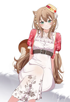 1girl absurdres animal_ears ayunda_risu blush breasts brown_hair commentary green_eyes hashtag-only_commentary highres hololive hololive_indonesia long_hair looking_at_viewer neru_(vhyrie) smile squirrel_ears squirrel_girl squirrel_tail tail virtual_youtuber