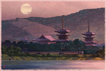 architecture east_asian_architecture evening forest kintetsu_railway landscape mountain mugumo_24k multiple_unit_train nara_(city) nature no_humans orange_sky original outdoors pagoda pond real_world_location scenery signature sky sun sunset temple train