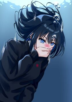 1girl air_bubble asphyxiation black_hair blowing_bubbles blue_background blue_eyes blush bubble covering_own_mouth drowning gradient_background hair_between_eyes highres minagi_yuhiro nose_blush original school_uniform short_hair sidelocks simple_background solo underwater upper_body