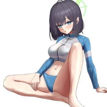 1girl absurdres barefoot bikini black_hair blue_archive blue_bikini blue_eyes breasts commentary_request flambe_(tyoitohikkosi07) green_halo halo highres large_breasts midriff navel rash_guard saki_(blue_archive) saki_(swimsuit)_(blue_archive) short_hair simple_background sitting solo swimsuit white_background