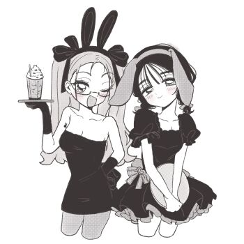 Rule 34 | 2girls, alien stage, animal ears, arm tattoo, bow, braid, closed mouth, coldmeow, commentary, cropped legs, dress, fake animal ears, gloves, greyscale, hair bow, highres, holding, holding tray, milkshake, mizi (alien stage), monochrome, multiple girls, multiple hair bows, official alternate costume, one eye closed, open mouth, pantyhose, puffy short sleeves, puffy sleeves, rabbit ears, rabbit tattoo, short sleeves, smile, strapless, strapless dress, sua (alien stage), symbol-only commentary, tattoo, tray, twin braids, two side up