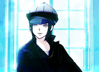 1boy black_hair black_hat black_jacket blue_background blue_eyes hat jacket jewelry kaiwan light_smile looking_to_the_side male_focus necklace newsboy_cap nitta_isamu shin_megami_tensei shin_megami_tensei_iii:_nocturne short_hair solo upper_body window