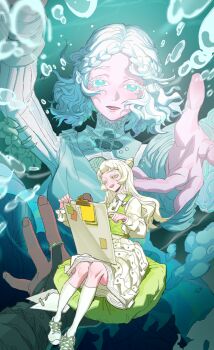 2girls air_bubble anna_(persephone)_(dislyte) aqua_eyes artist_request bean_bag_chair blush braid bubble clipboard dislyte dress game_cg highres holding kneehighs multiple_girls norah_(muse)_(dislyte) official_art open_mouth orange_pupils smile socks third-party_source white_hair