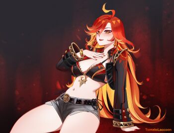 1girl ahoge artist_name belt belt_buckle bikini bikini_top_only black_belt black_bikini blonde_hair blush breasts buckle cosplay cropped_jacket denim denim_shorts ear_piercing earrings genshin_impact grey_shorts hand_on_ground hand_on_own_chest highres jewelry kwon_eun-bi kwon_eun-bi_(cosplay) large_breasts long_hair looking_to_the_side mavuika_(genshin_impact) navel open_mouth piercing red_background red_eyes red_hair short_shorts shorts swept_bangs swimsuit teeth thighs tomatolaccoon upper_teeth_only very_long_hair yellow_eyes zipper_bikini