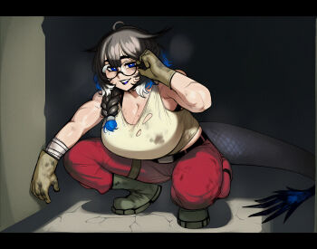 1girl absurdres adjusting_eyewear ahoge arknights bandaged_arm bandages bare_shoulders belt black-framed_eyewear black_belt black_hair blue_eyes blue_hair blue_lips blue_tail blunt_bangs boots bra bra_peek braid breasts bright_pupils cleavage commentary crack cracked_floor dirty dirty_clothes double-parted_bangs english_commentary full_body glasses gloves highres huge_breasts kjera_(arknights) long_hair looking_at_viewer low_side_ponytail mole mole_on_breast pants red_pants round_eyewear scar scar_on_arm side_braid smile solo squatting star_platignome tail tank_top torn_clothes torn_tank_top underwear white_hair white_pupils work_gloves