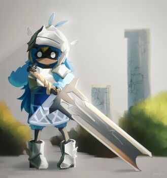 1girl alula_(oneshot) armor beak blue_dress blue_feathers blue_hair boots bush chest_guard child closed_mouth commentary dress english_commentary feathers full_body grey_armor grey_boots grey_helmet helmet highres huge_weapon long_hair oneshot_(game) pungsun shadow shoulder_armor sidelighting smile solo standing sword two-handed_sword weapon white_eyes winged_boots winged_helmet