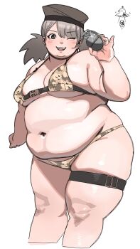 1girl belly belt big_belly bikini blush breasts brown_eyes camouflage camouflage_bikini cleavage explosive fat fat_woman grenade grey_hair grey_hat hat holding holding_grenade low_twintails medium_breasts medium_hair military_hat navel one_eye_closed open_mouth original skindentation smile solo standing swimsuit thick_arms thick_thighs thigh_belt thigh_strap thighs twintails ufo utoka white_background wink