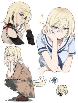 1girl animal_ears animalization bandaid bang_dream! bang_dream!_it's_mygo!!!!! black_pantyhose blonde_hair blue_neckerchief blue_shirt brown_dress brown_shoes chinese_commentary clothing_cutout commentary_request dirty dirty_clothes dog_ears dog_girl dog_tail doloris_(bang_dream!) dress earrings hair_between_eyes haizou_bingsan hanasakigawa_school_uniform highres jewelry kemonomimi_mode long_sleeves medium_hair misumi_uika neckerchief octopus pantyhose pleated_dress purple_eyes sailor_collar sailor_dress school_uniform serafuku shirt shoes short_sleeves shoulder_cutout simple_background smile sparkle tail tail_wagging togawa_sakiko torn_clothes torn_pantyhose white_background white_sailor_collar