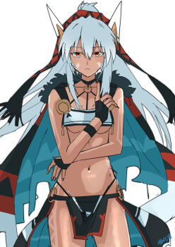 1girl absurdres azur_lane black_cape black_gloves black_panties blue_cape bodypaint breast_curtain breasts cape closed_mouth commentary_request cowboy_shot dark-skinned_female dark_skin expressionless facepaint fingerless_gloves fingernails fur-trimmed_cape fur_trim gloves grey_hair hair_between_eyes hand_up high_ponytail highleg highleg_panties highres kakaricho_dairi loincloth long_hair looking_at_viewer medium_breasts midriff minneapolis_(azur_lane) multicolored_cape navel o-ring o-ring_bottom panties ponytail red_cape red_eyes revealing_clothes showgirl_skirt sidelocks simple_background solo underboob underwear white_background