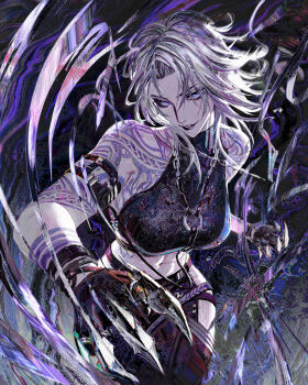 1girl arm_tattoo armlet bare_shoulders black_gloves black_lips black_pants blue_eyes chain claws clothing_cutout commentary flowersbloodart gloves grey_hair highres hip_vent jewelry navel navel_piercing pale_skin pants parted_lips path_to_nowhere piercing shirt shoulder_tattoo solo stomach tattoo toned toned_female tribal_tattoo turtleneck turtleneck_shirt upswept_hair zoya_(path_to_nowhere)