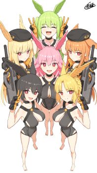 6+girls ahoge bare_shoulders barefoot beret black_gloves black_hair black_hat black_jacket black_one-piece_swimsuit black_ribbon blonde_hair blush braid breasts choker cleavage cleavage_cutout closed_eyes clothing_cutout fate/grand_order fate_(series) full_body geirskogul_(fate) gloves green_hair gun hair_ribbon hat head_wings highleg highleg_one-piece_swimsuit highres hildr_(fate) hildr_(swimsuit_assassin)_(fate) hood hooded_jacket jacket kamo_ashi large_breasts long_hair long_sleeves looking_at_viewer multiple_girls olrun_(fate) one-piece_swimsuit open_clothes open_jacket open_mouth orange_hair ortlinde_(fate) ortlinde_(swimsuit_assassin)_(fate) pink_hair red_eyes ribbon rindr_(fate) short_hair sidelocks smile swimsuit thrud_(fate) thrud_(swimsuit_assassin)_(fate) twintails valkyrie_(fate) weapon wings
