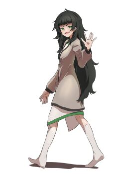 1girl :d blunt_bangs blush brown_jacket commentary_request from_side green_eyes green_hair highres hiyajou_maho jacket jacket_over_dress kneehighs kneepits long_hair messy_hair no_shoes open_mouth sadarann science_adventure simple_background smile smug socks solo standing steins;gate steins;gate_0 tongue very_long_hair walking waving white_background white_socks