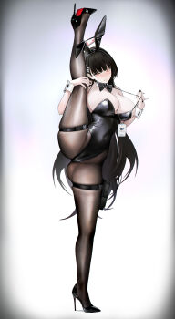 Rule 34 | 1girl, absurdres, alternate costume, animal ear hairband, animal ears, barcode, bare shoulders, between breasts, black bow, black bowtie, black hair, black hairband, black leotard, black nails, black pantyhose, black shoes, blackcat enjia, blue archive, blush, bow, bowtie, breasts, bright pupils, buckle, cleavage, colored shoe soles, commentary, covered navel, detached collar, fake animal ears, fine fabric emphasis, full body, gradient background, groin, hair between eyes, hair ornament, hairband, hairclip, halo, high heels, highleg, highleg leotard, highres, holding lanyard, holding own leg, holster, id card, lanyard, large breasts, leotard, long hair, looking at viewer, millennium science school logo, nail polish, nose blush, pantyhose, parted lips, playboy bunny, rabbit ears, radial gradient background, red eyes, rio (blue archive), shoes, simple background, skindentation, snap-fit buckle, solo, split, standing, standing front split, standing on one leg, standing split, stiletto heels, strapless, strapless leotard, thigh holster, thigh strap, very long hair, white wrist cuffs, wrist cuffs