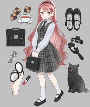 Rule 34 | 1girl, black cat, black hairband, black necktie, black shoes, briefcase, cat, checkerboard cookie, commentary request, cookie, cosmetics, cup, dress, food, full body, grey background, grey dress, hair brush, hairband, hand mirror, highres, holding, holding briefcase, key, lipstick tube, long hair, long sleeves, looking at viewer, mary janes, mirror, necktie, nozawa (nooo1709), original, parted lips, pinafore dress, pink hair, plaid clothes, plaid dress, shirt, shoes, sleeveless, sleeveless dress, socks, solo, standing, tea, teacup, unworn shoes, very long hair, white shirt, white socks
