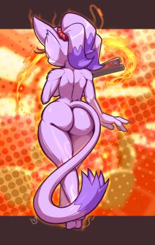 1girl animal_ears ass back backboob blaze_the_cat body_fur breasts cat_ears cat_girl cat_tail colored_tips completely_nude crossed_legs female_focus fire folded_fan folding_fan from_behind full_body hair_tie hand_fan hand_up heel_up high_ponytail holding holding_fan letterboxed medium_breasts multicolored_hair nude orange_outline outline outside_border ponytail purple_fur purple_hair pyrokinesis red_background short_hair signature solo sonic_(series) standing tail teckworks the_murder_of_sonic_the_hedgehog thighs toned toned_female two-tone_fur two-tone_hair white_fur wide_hips